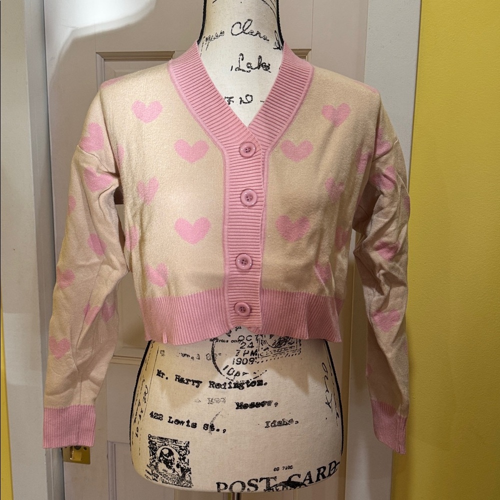 ROMWE Pink Heart Cardigan Sweater
